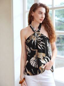 MOTF PREMIUM LINEN VISCOSE ANIMAL HALTER BLOUSE
