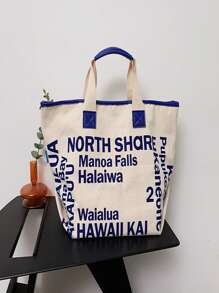 撞色字母圖案購物袋適用於郊遊 - 藍色 - 查看 4