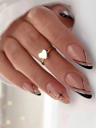 Elevate Your Style With 24pcs Black French Line Art Almond Press On Nails, Medium False Nails Gold & Black Star Glitter Acrylic Fake Nails Full Cover Stick On Nail Artificial Glossy Fake Nails DIY Manicure Decoration For Women Girls Nail Supplies