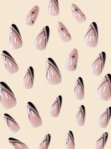 24入組黑色法式線條杏仁假指甲，中號假指甲與金黑雙星閃粉丙烯酸假指甲全面覆蓋貼上式人造光澤假指甲，DIY美甲裝飾品供女性和女孩使用的指甲用品 - 彩色 - 查看 3