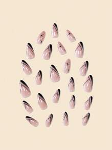 24入組黑色法式線條杏仁假指甲，中號假指甲與金黑雙星閃粉丙烯酸假指甲全面覆蓋貼上式人造光澤假指甲，DIY美甲裝飾品供女性和女孩使用的指甲用品 - 彩色 - 查看 4