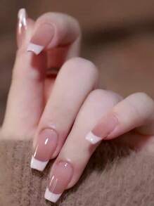 24入組法式透明肉色長棺材漸層全套假指甲套裝，按壓式假指甲，美甲用品升級你的風格 - 彩色 - 查看 1