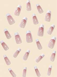 24入組法式透明肉色長棺材漸層全套假指甲套裝，按壓式假指甲，美甲用品升級你的風格 - 彩色 - 查看 4
