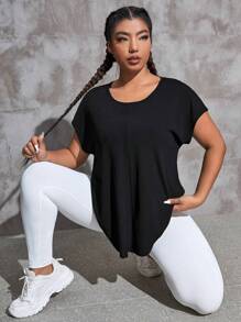 SHEIN Daily&Casual Plus Solid Batwing Sleeve Curved Hem Sports Tee - Black - View 1