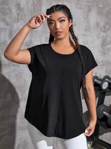 SHEIN Daily&Casual Plus Solid Batwing Sleeve Curved Hem Sports Tee - Black - View 4