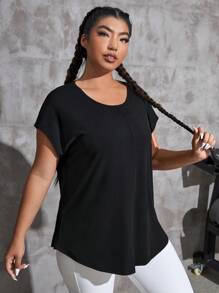 SHEIN Daily&Casual Plus Solid Batwing Sleeve Curved Hem Sports Tee - Black - View 5