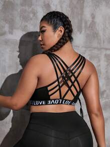 Yoga Trendy Bras thể thao Plus Size Tương phản Mesh Hội Chữ thập Ruy băng Lá thư màu trơn - màu đen - Xem 2