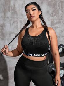 Yoga Trendy Bras thể thao Plus Size Tương phản Mesh Hội Chữ thập Ruy băng Lá thư màu trơn - màu đen - Xem 5