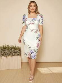 SHEIN Belle 大碼印花方領泡泡袖洋裝 - 彩色 - 查看 7