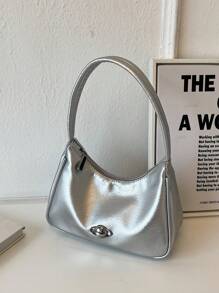 金屬裝飾流浪包拉鍊金屬質感PU皮革前衛 - 銀色 - 查看 7