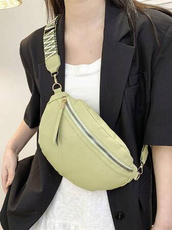 荔枝紋壓花腰包拉鍊PU皮革時尚