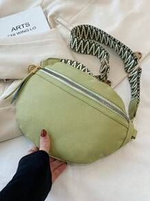 荔枝紋壓花腰包拉鍊PU皮革時尚 - 綠色 - 查看 2