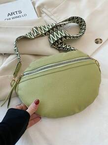 荔枝紋壓花腰包拉鍊PU皮革時尚 - 綠色 - 查看 4