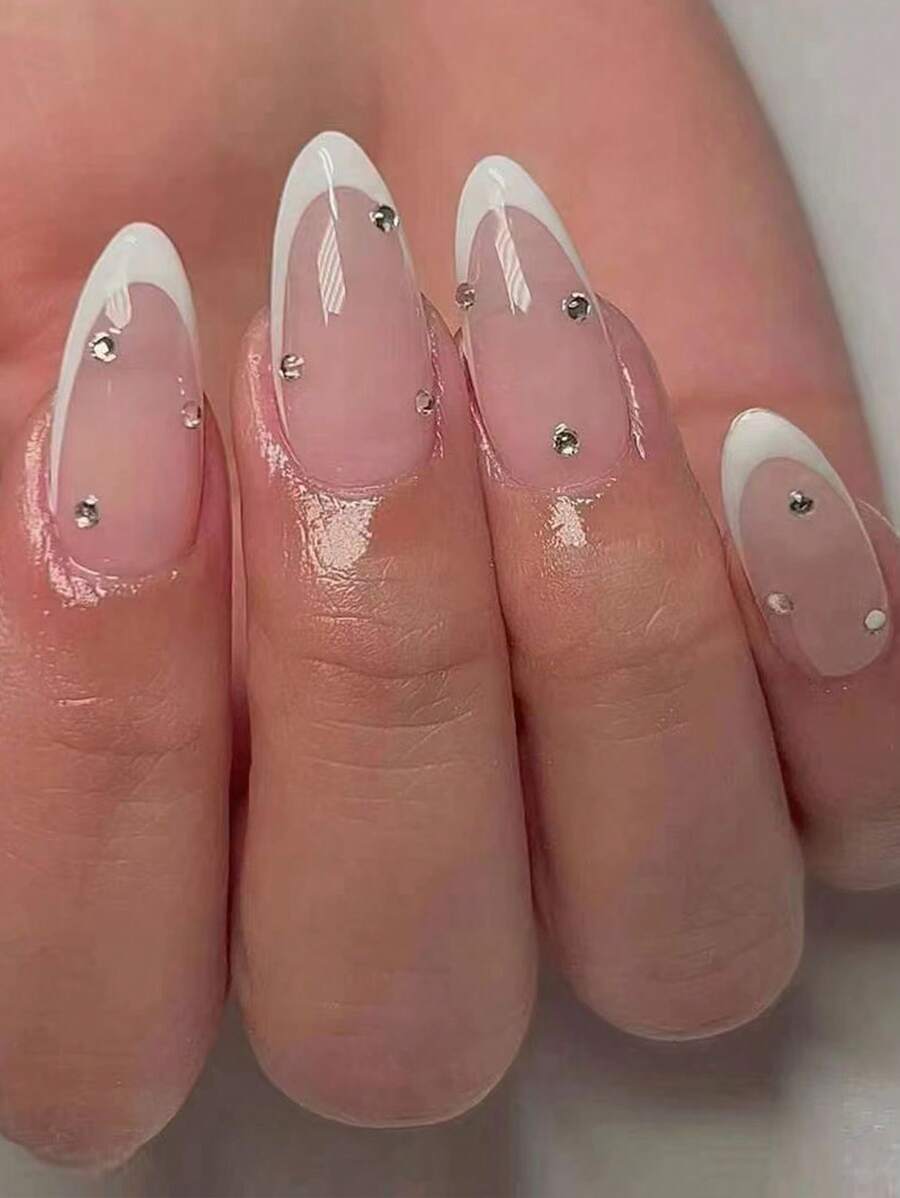 Elevate Your Style With 24pcs Long Almond 3D Rhinestone Decor Full Cover Fake Nail Kit - Multicolor - View 1