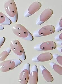 Elevate Your Style With 24pcs Long Almond 3D Rhinestone Decor Full Cover Fake Nail Kit - Multicolor - View 3