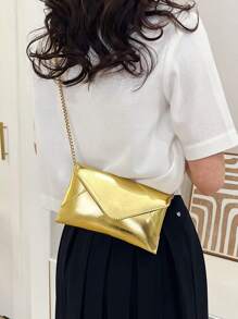 小翻蓋信封包前衛金屬質感鏈條PU皮革 - 金色 - 查看 1