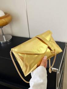 小翻蓋信封包前衛金屬質感鏈條PU皮革 - 金色 - 查看 2