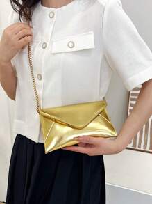 小翻蓋信封包前衛金屬質感鏈條PU皮革 - 金色 - 查看 3