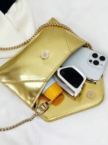 小翻蓋信封包前衛金屬質感鏈條PU皮革 - 金色 - 查看 5