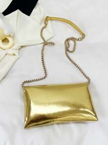 小翻蓋信封包前衛金屬質感鏈條PU皮革 - 金色 - 查看 8