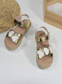 1雙女孩愛心裝飾踝帶編織平底涼鞋 - 金色 - 查看 2
