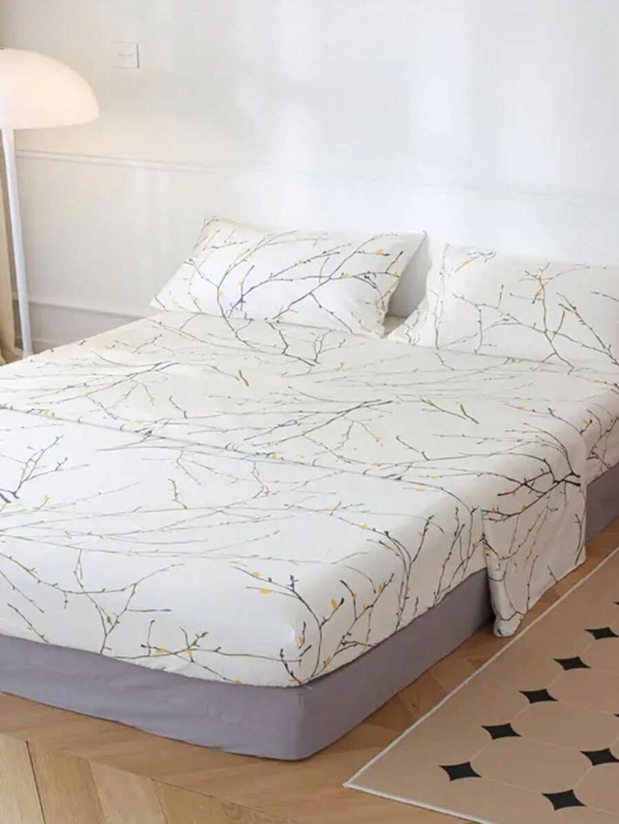 Bộ ga trải giường có hoa văn thực vật không có chất độn, 1 tấm ga trải giường được trang bị & 2 vỏ gối, bộ ga trải giường polyester hiện đại cho phòng ngủ - Nhiều màu - Xem 1