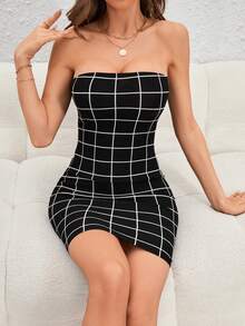 SHEIN Privé Plaid Print Tube Bodycon Dress - Black - View 5
