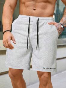 Manfinity Homme Loose Fit Men's Letter Printed Elastic Waist Shorts - Light Grey - View 1