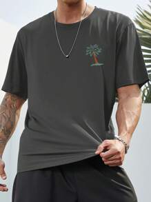 Manfinity Chillmode 休閒熱帶印花 字母男士T恤和背心 - 深灰色 - 查看 2