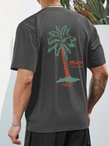 Manfinity Chillmode 休閒熱帶印花 字母男士T恤和背心 - 深灰色 - 查看 3