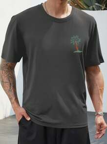 Manfinity Chillmode 休閒熱帶印花 字母男士T恤和背心 - 深灰色 - 查看 4