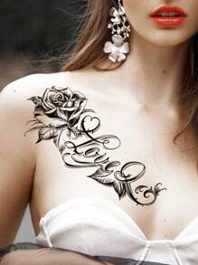 2Sheets Flower & Letter Graphic Tattoo Sticker Clavicle Waterproof Temporary Tattoo Sticker Party & Festival Decoration - Brown - View 1