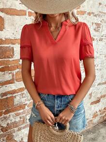 SHEIN LUNE Áo sơ mi nữ Tương phản ren màu trơn Giải trí - Màu Cam cháy - Xem 4