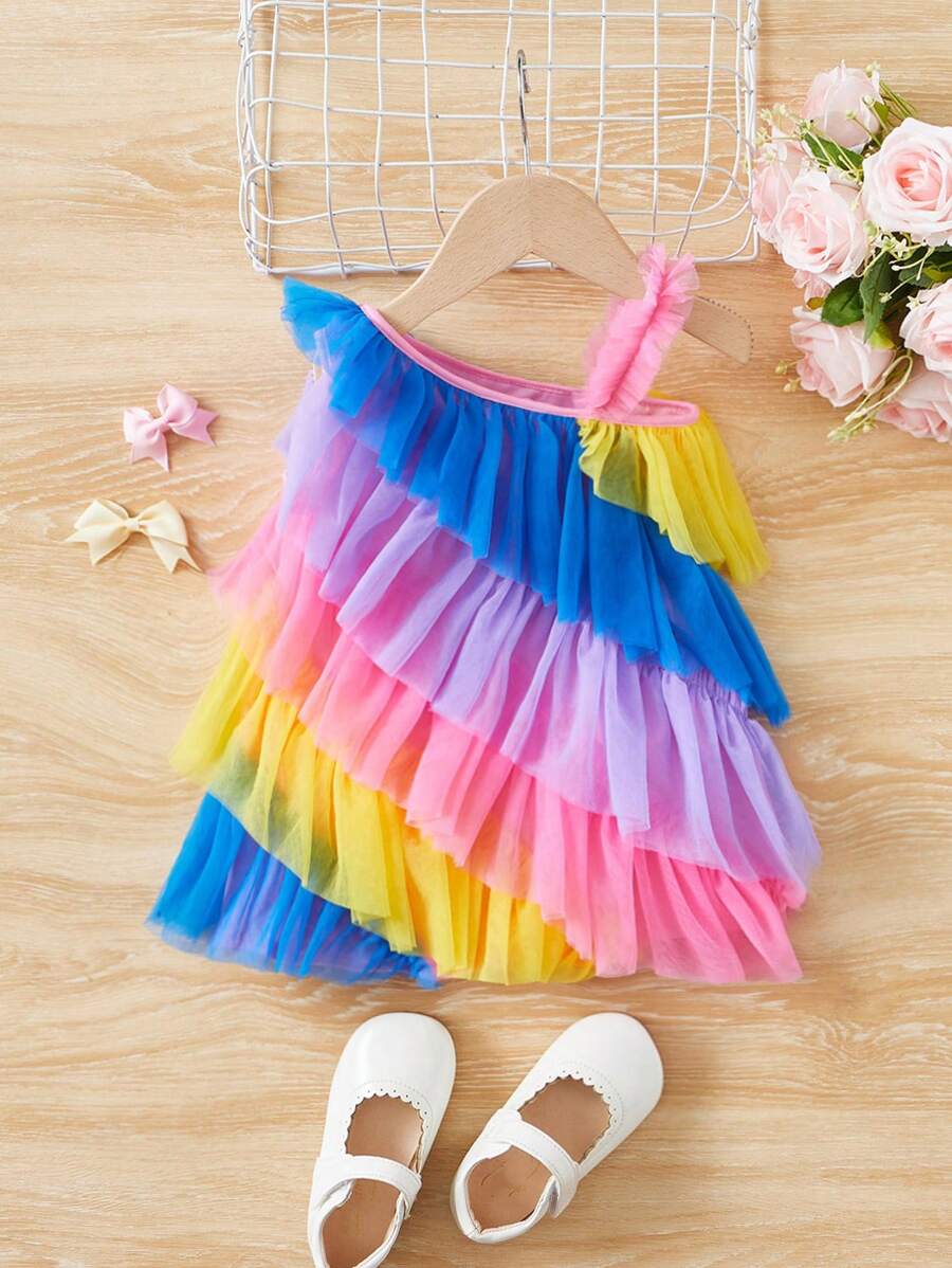 SHEIN 嬰兒撞色荷葉邊不對稱領層疊下擺網紗覆蓋連衣裙 - 彩色 - 查看 1