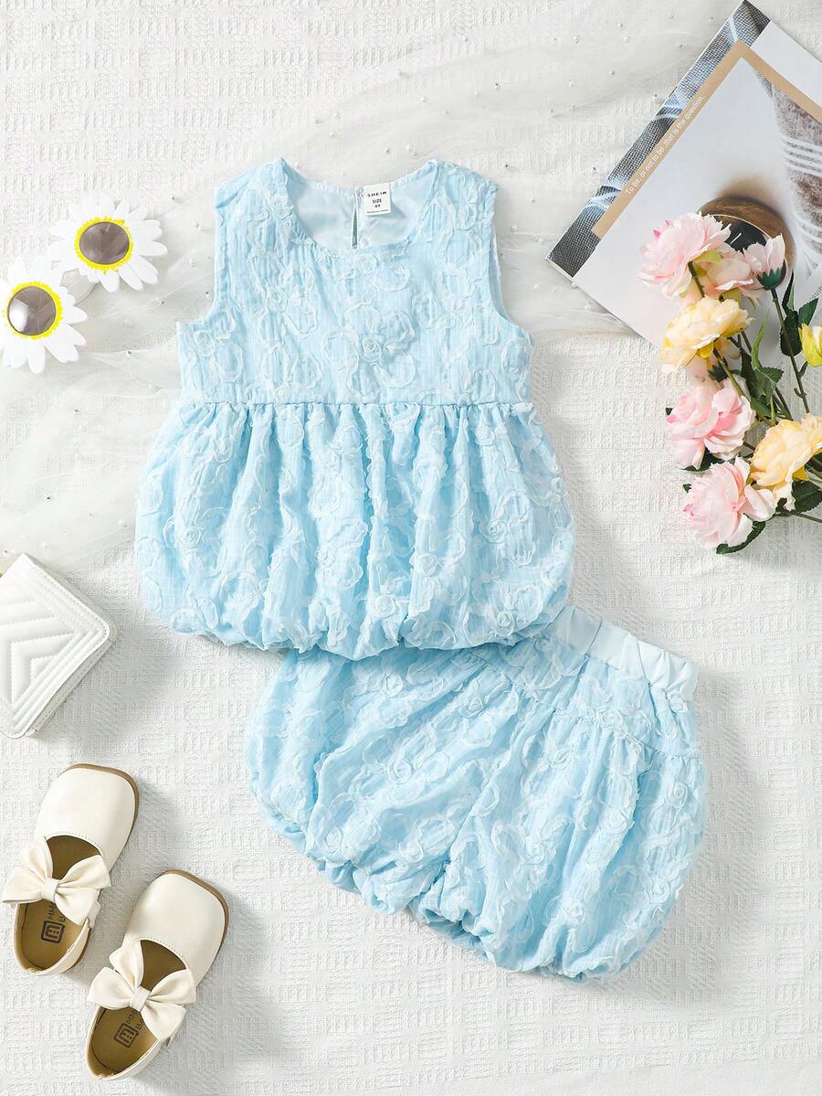 SHEIN 小女童提花後鎖孔泡泡下擺背心上衣和短褲 - 藍色 - 查看 1