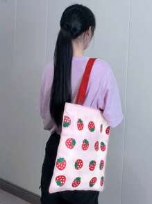 1 chiếc túi vải canvas dâu tây màu hồng nhạt có thể đảo ngược có dây đeo vai, có thể đựng vừa tài liệu A4, son môi, khăn giấy, điện thoại di động, máy tính bảng và các vật dụng hàng ngày khác cho ngày lễ tình nhân - Nhiều màu - Xem 2