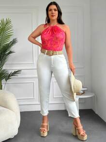 RueChic Plus All Over Print Knotted Halter Top - Red - View 3