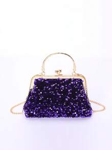 Sparkling Purple Evening Clutch Bag With Heavy Sequin Embellished Frame Top Handle - Purple - View 4
