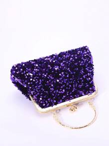 Sparkling Purple Evening Clutch Bag With Heavy Sequin Embellished Frame Top Handle - Purple - View 7