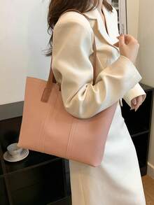Pink Shoulder Tote Bag Minimalist Zipper PU - Pink - View 3