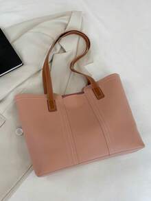 Pink Shoulder Tote Bag Minimalist Zipper PU - Pink - View 4