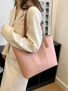 Pink Shoulder Tote Bag Minimalist Zipper PU - Pink - View 5