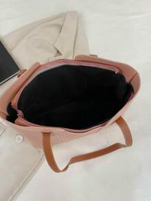 Pink Shoulder Tote Bag Minimalist Zipper PU - Pink - View 6