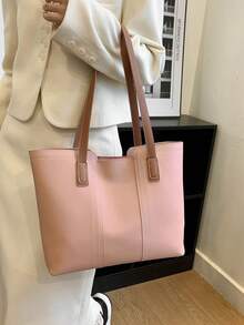 Pink Shoulder Tote Bag Minimalist Zipper PU - Pink - View 7