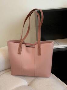 Pink Shoulder Tote Bag Minimalist Zipper PU - Pink - View 8