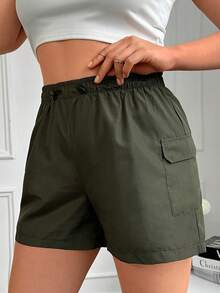 RueChic Plus Flap Pocket Side Shorts - Army Green - View 4