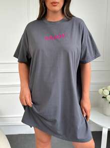 RueChic Plus Letter Print Drop Shoulder Tee Dress - Grey - View 3