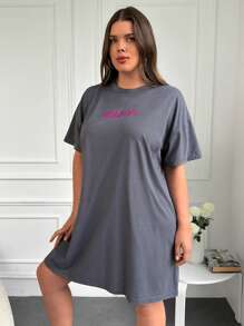 RueChic Plus Letter Print Drop Shoulder Tee Dress - Grey - View 4