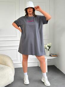 RueChic Plus Letter Print Drop Shoulder Tee Dress - Grey - View 5