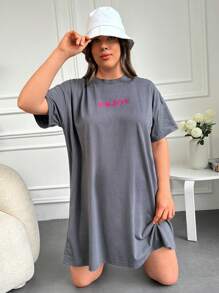 RueChic Plus Letter Print Drop Shoulder Tee Dress - Grey - View 6